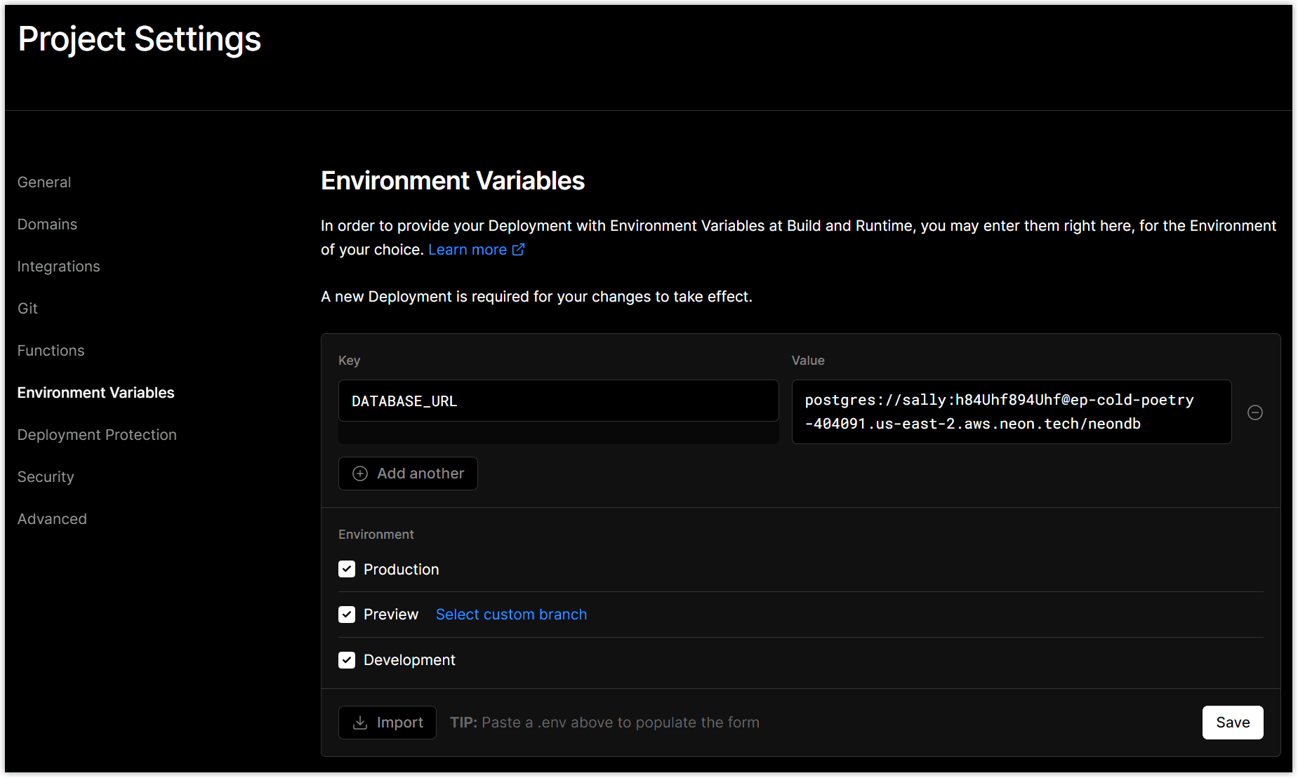 Add Vercel environment variable settings